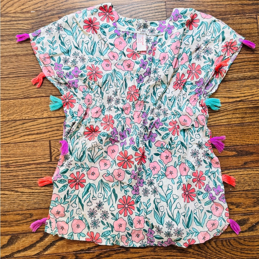 Girls Floral Tassel Swim Coverup- Pink, Teal & Purple